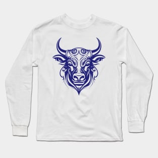 Blue taurus bull tribal design Long Sleeve T-Shirt